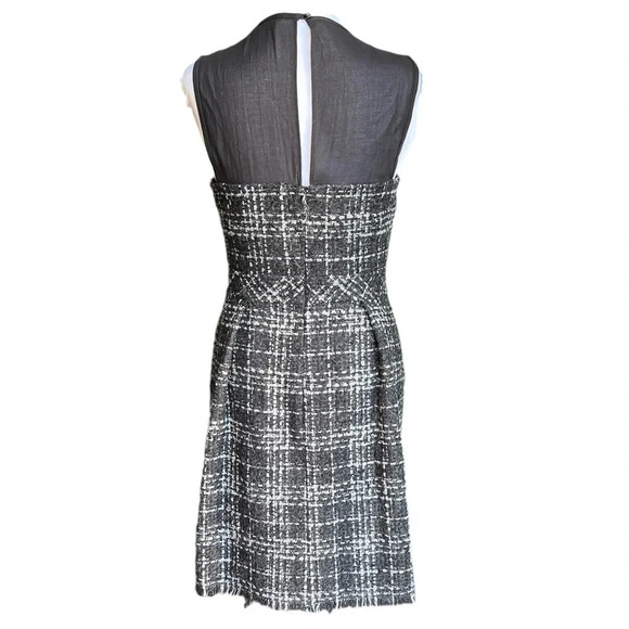 Trina Turk Black White Tweed Plaid Sheer Neck Bow Dress Size 4 - Picture 3 of 7